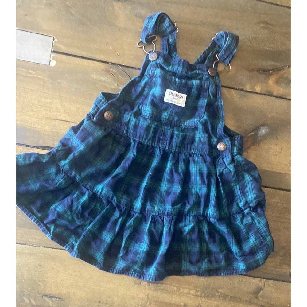 OshKosh B'gosh Vestbak Jumper Overall Dress Kids Size 3T Blue Green Plaid Cotton